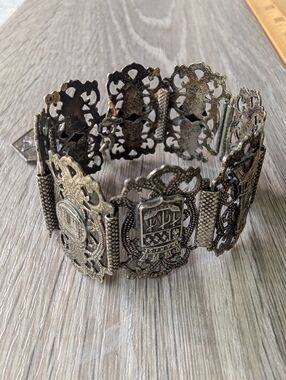 Antique-French Filigree Panel Charm Bracelet - Aged Silver